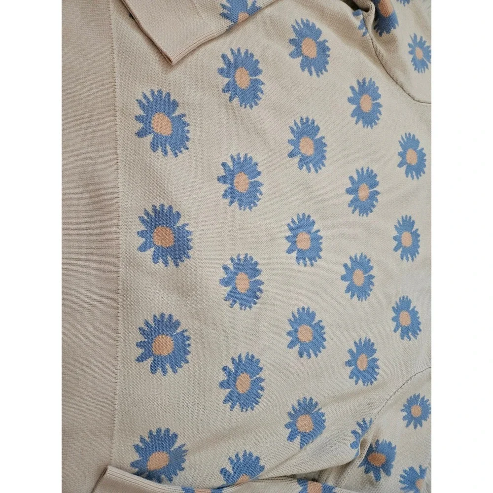 Adrianna Papell Daisy Floral Intarsia Knit Sweater Large Blue Cream